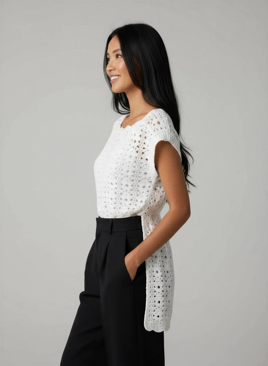 Tunique crochet fait main Tunica blanc écru filet losanges manches courtes bordure festonnée vagues mi-cuisse – Cachalabibi