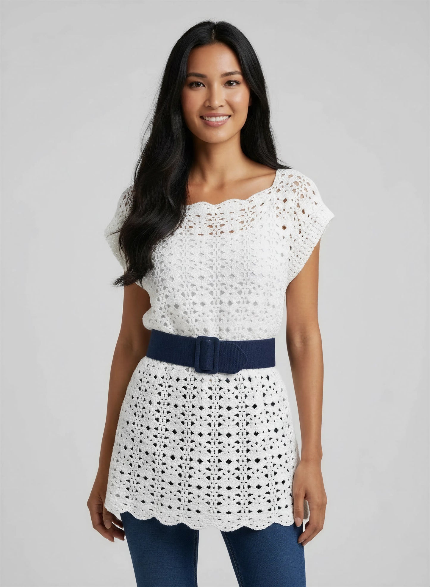 Tunique crochet fait main Tunica blanc écru filet losanges ceinture marine jean bleu style nautique – Cachalabibi