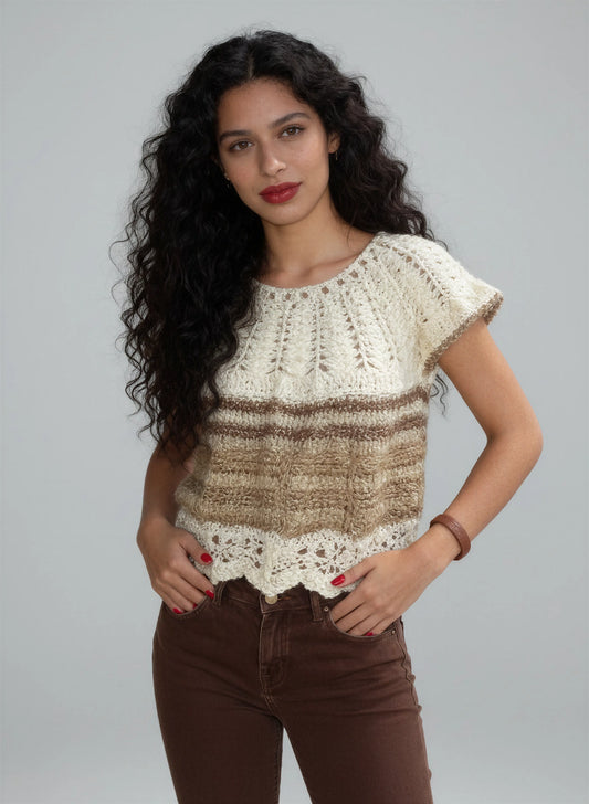 Vareuse crochet fait main Maglia écru yoke point feuilles ajouré manches volantées festonnées rayures kaki – Cachalabibi