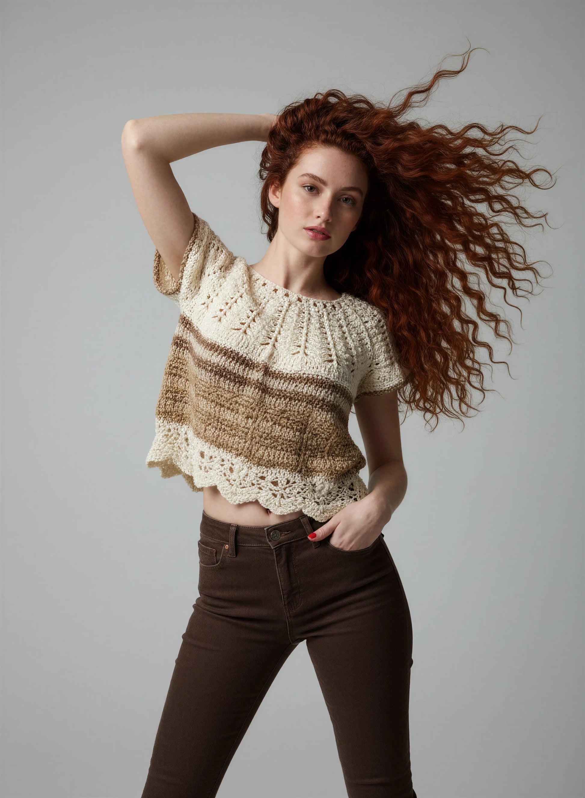 Vareuse crochet fait main Maglia écru yoke ajouré rayures beige kaki chiné manches volantées crop – Cachalabibi