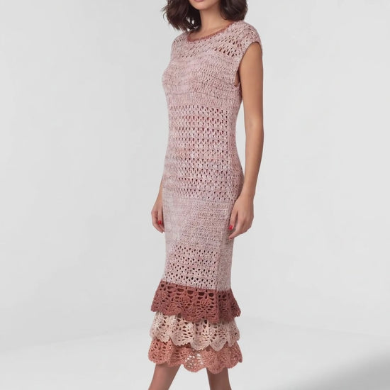 Robe crochet fait main Cioccolato beige rosé double volante festonnée terracotta écru coupe fourreau midi – Vidéo - Cachalabibi