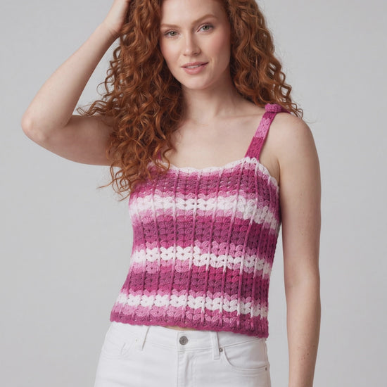 Haut crochet fait main Corsetto fuchsia rose poudré rayures blanches encolure festonnée – vidéo - Cachalabibi