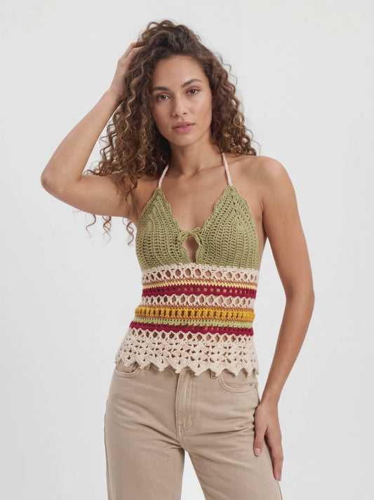 Top dos nu Morabeza crochet multicolore, bretelles tressées croisées - vidéo de l'ensemble  - Cachalabibi