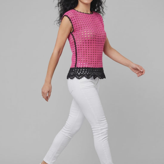 Pull Peonia crochet fuchsia — vidéo — Pièce unique Cachalabibi