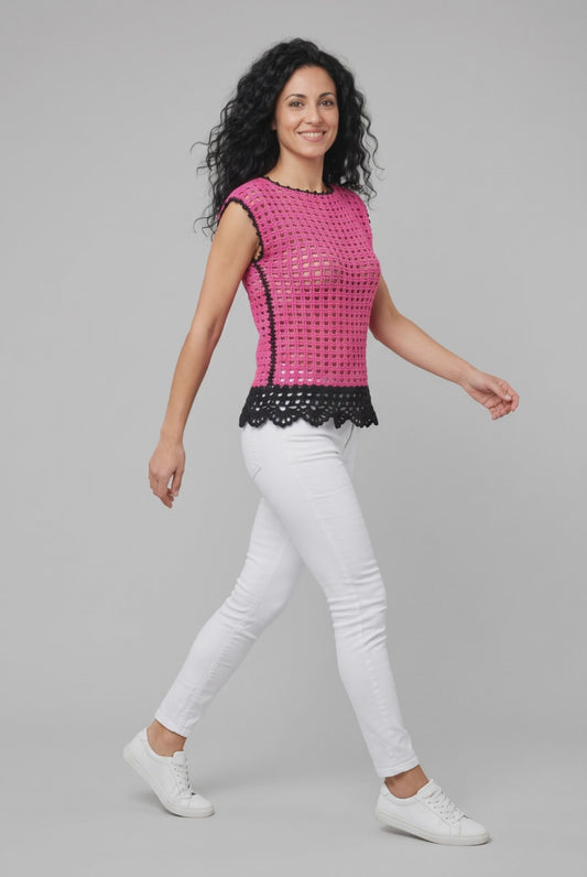 Pull Peonia crochet fuchsia — vidéo — Pièce unique Cachalabibi