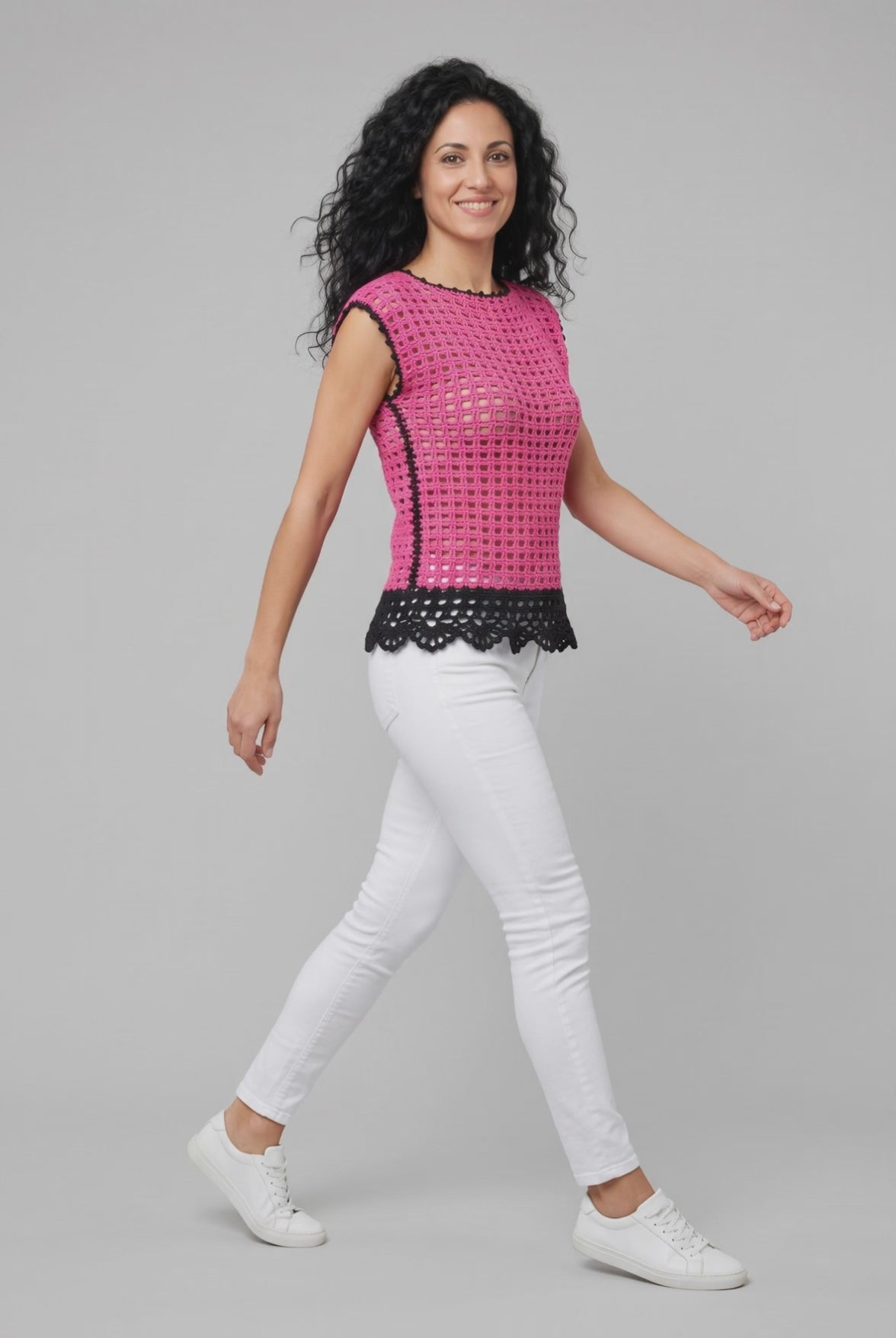 Pull Peonia crochet fuchsia — vidéo — Pièce unique Cachalabibi