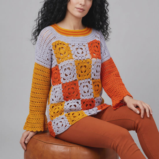 Pull Quadrato crochet — vidéo et vue 3/4 dos asymétrie manches — Cachalabibi