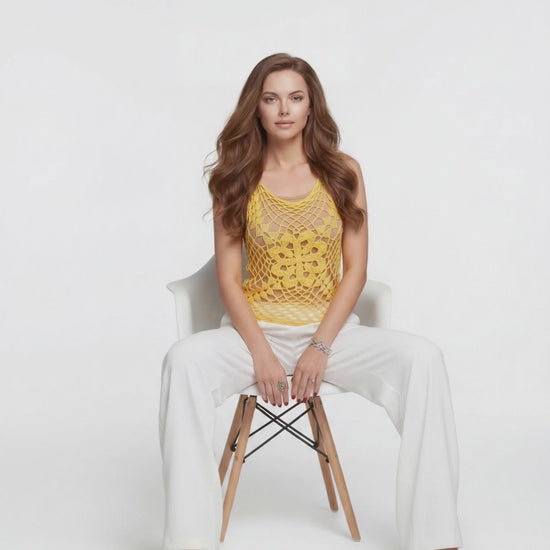 Haut crochet fait main Narcisola jaune narcisse - Vidéo de face - point éventail ajouré bordure picot écru – Cachalabibi